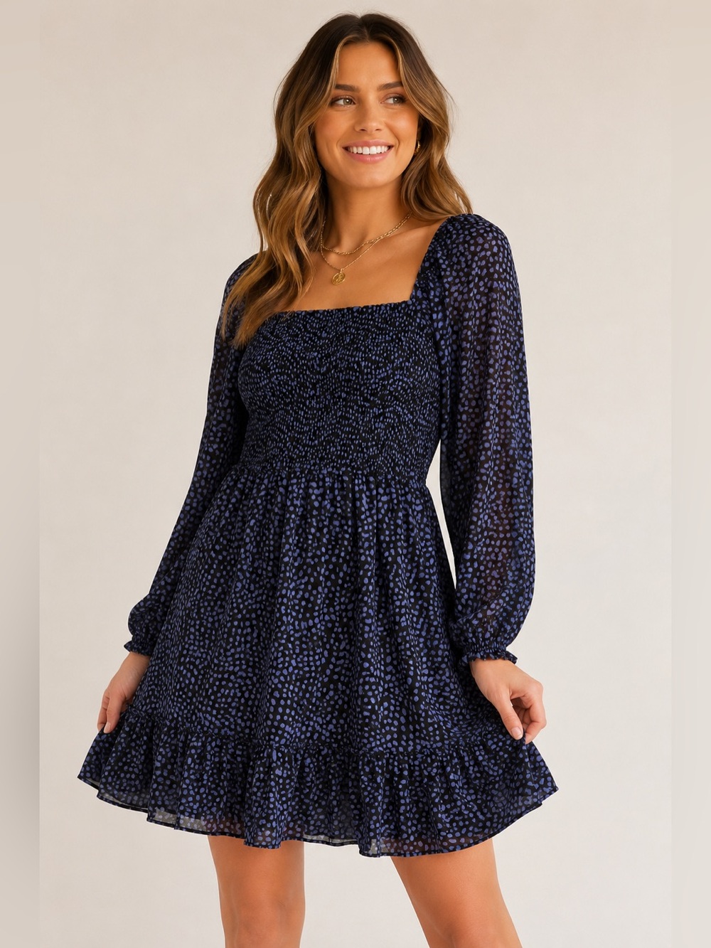 Retrod Smocked Mini Dress Black Blue Abstract Animal Print Long Sleeve Large